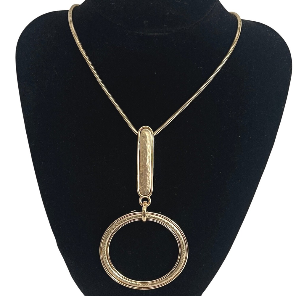 Chico's OS Gold Brass‎ Necklace Large Hammered Hoop Circular Pendant Snake Chain